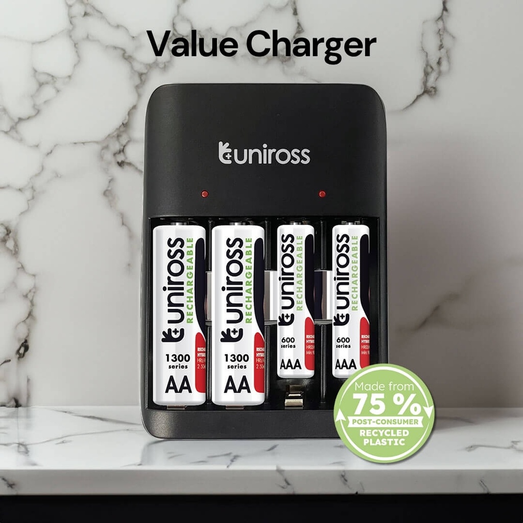 Uniross Value Charger + 2AA + 2AAA Batteries