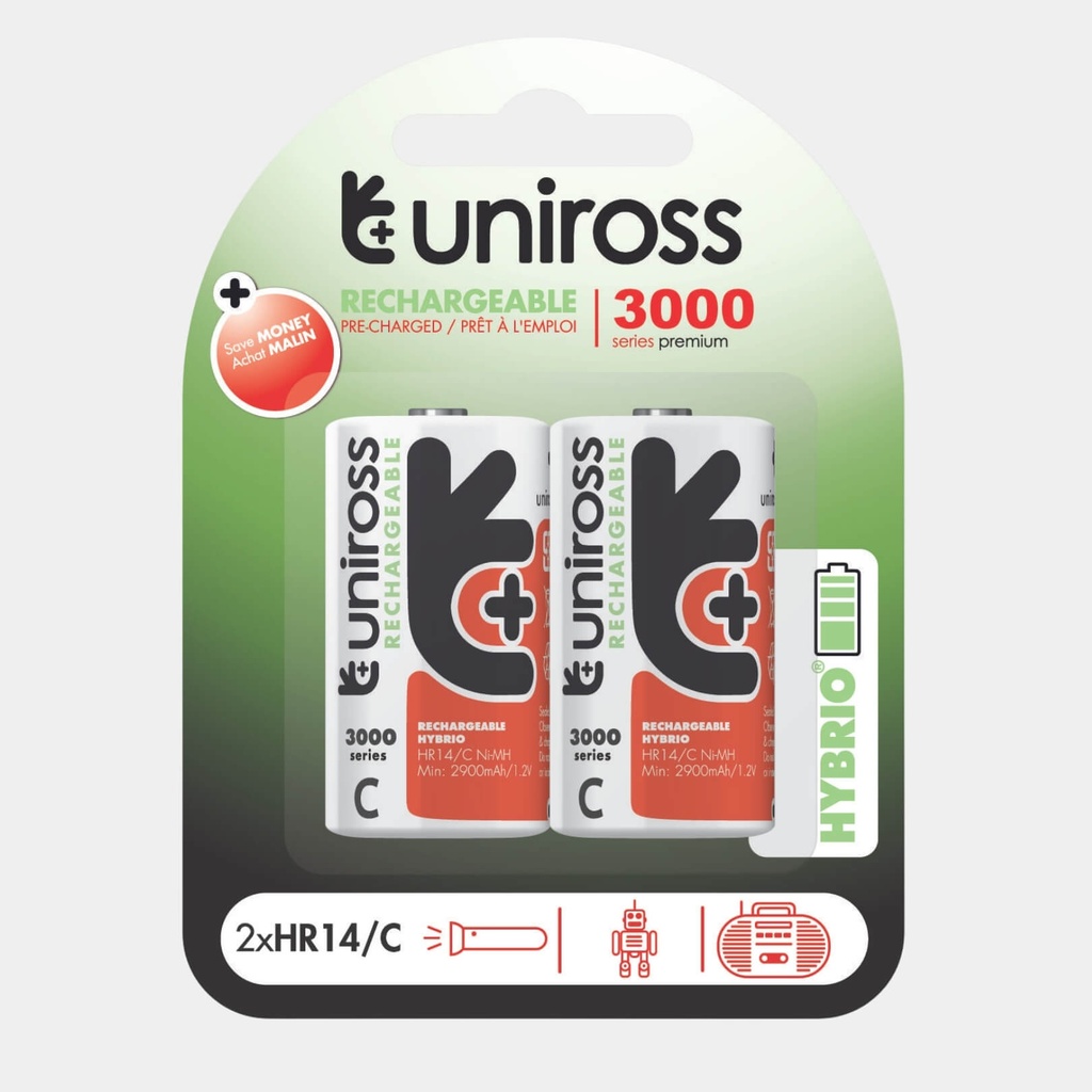 Uniross Ni-MH Rechargeable C Battery 3000mAh (Pack of 2)