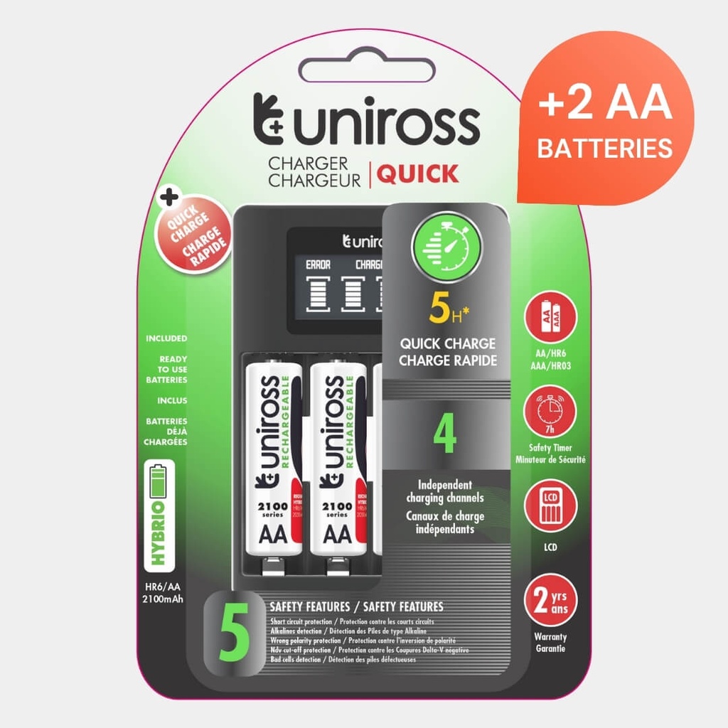 Uniross Quick Charge Battery Charger for AA & AAA - 2 AA Batteries Included