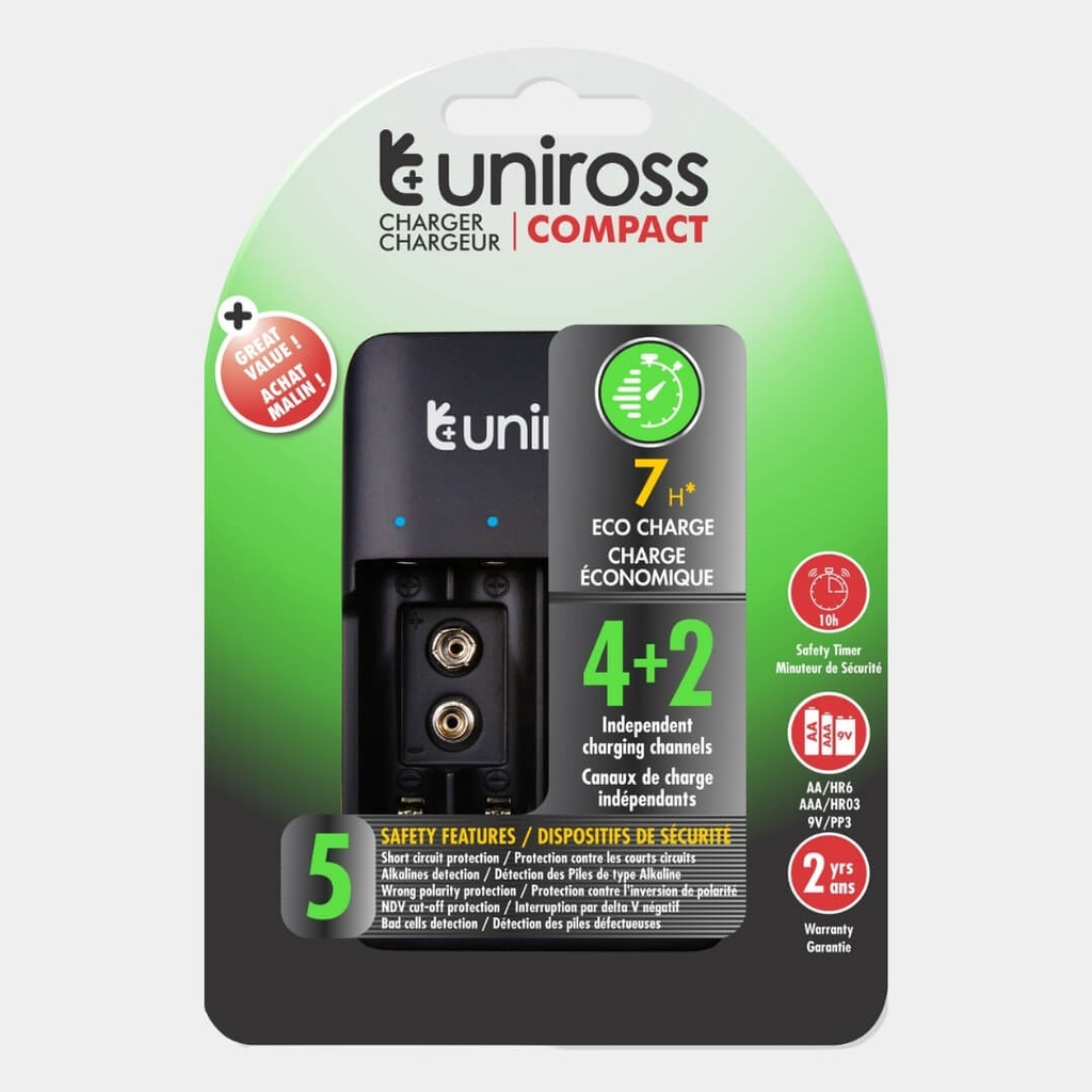 Uniross Compact Battery Charger for AA, AAA & 9V - Ideal for Home Use