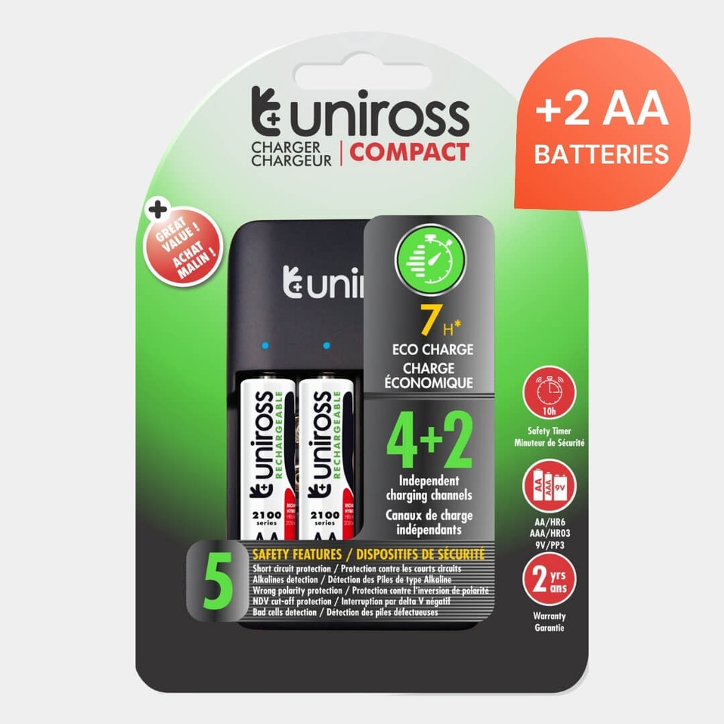 Uniross Compact Battery Charger for AA, AAA & 9V Batteries -  Includes 4 Rechargeable AA Batteries