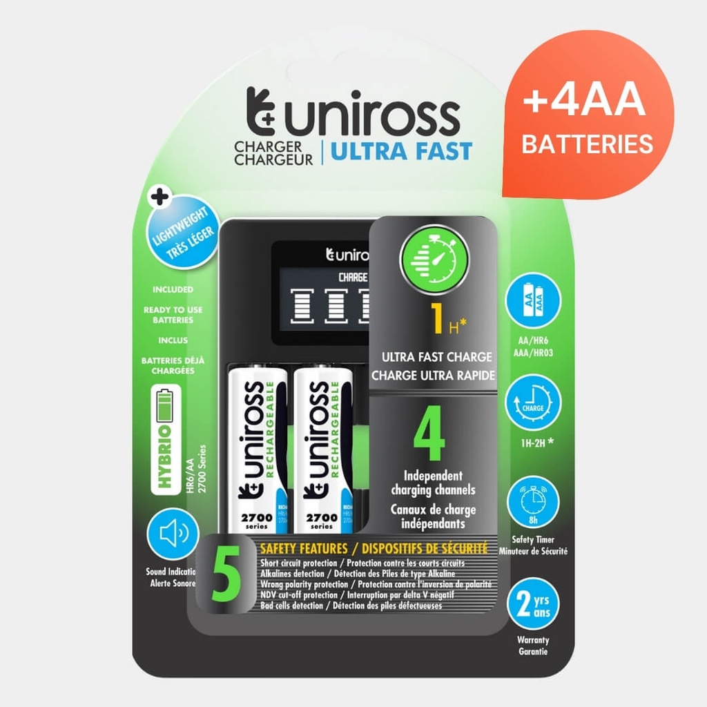 Uniross Ultra Fast Charger for AA & AAA Batteries -  Includes 4 Rechargeable AA Batteries