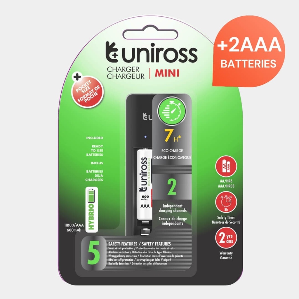 Uniross Mini Battery Charger for AA & AAA - 2 AAA Batteries Included