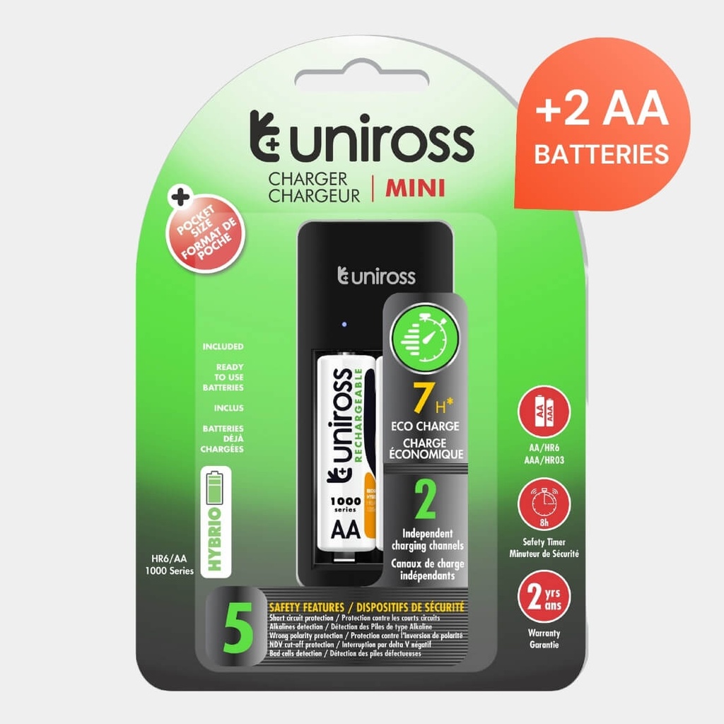 Uniross Mini Battery Charger for AA & AAA - 2 AA Batteries Included