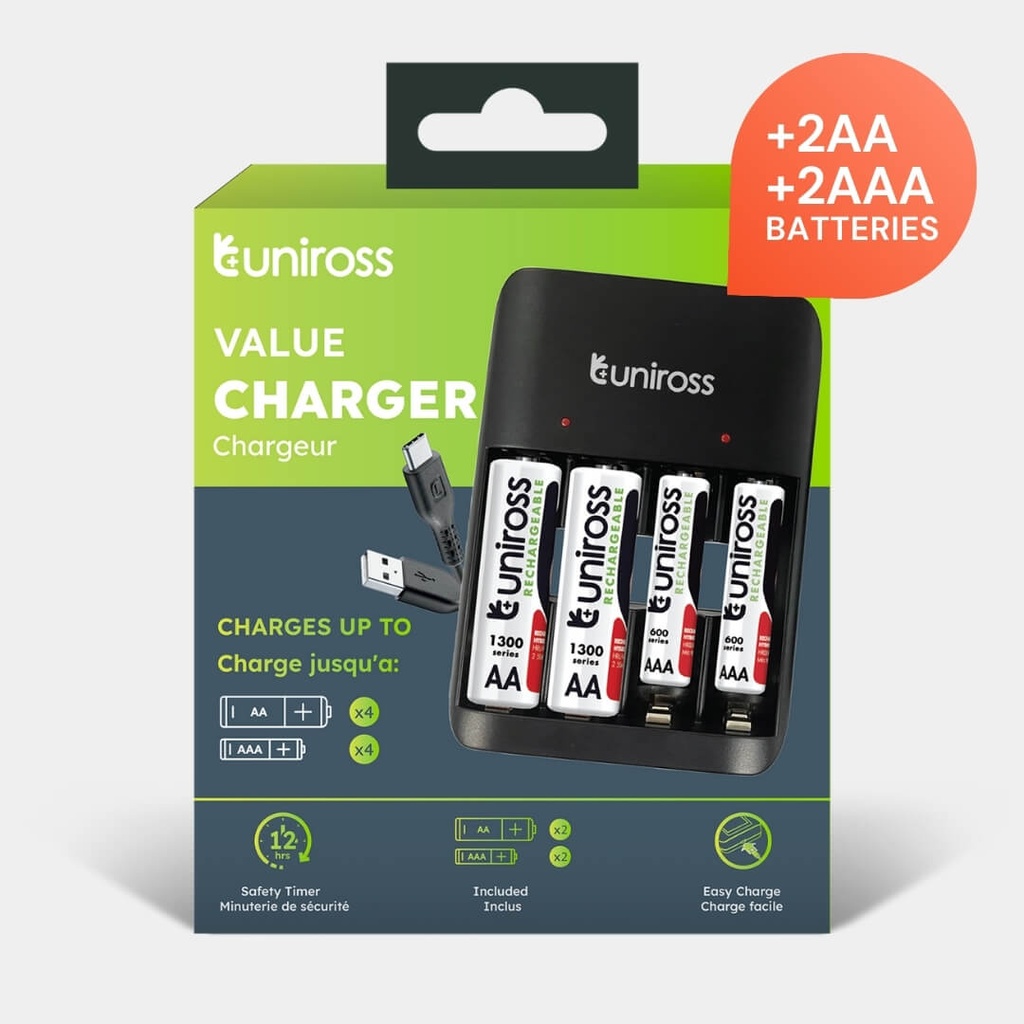 Uniross Value Battery Charger for AA & AAA Batteries - 2 AA & 2 AAA Batteries Included