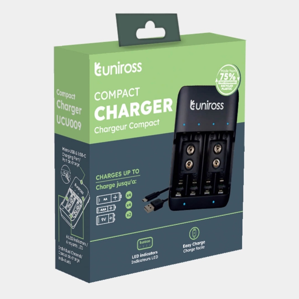 Uniross Compact Battery Charger for AA, AAA & 9V Batteries