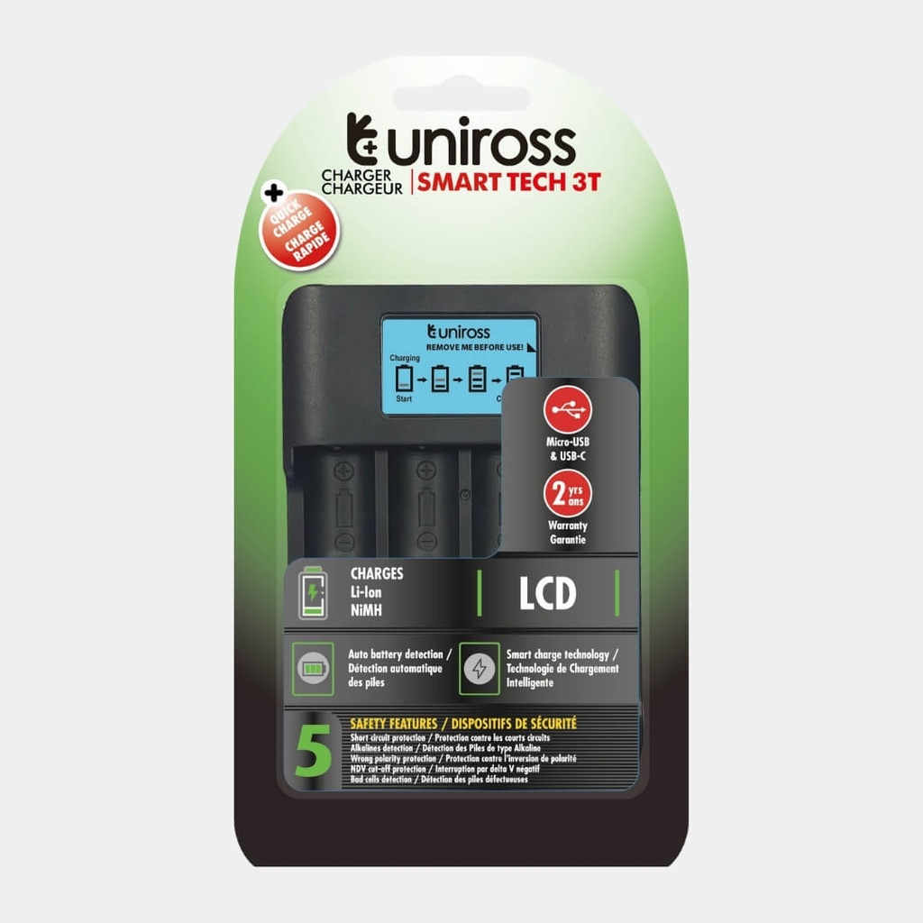 Uniross Smart Tech 3T Charger for Li-ion & NiMH Batteries - Intelligent Charging