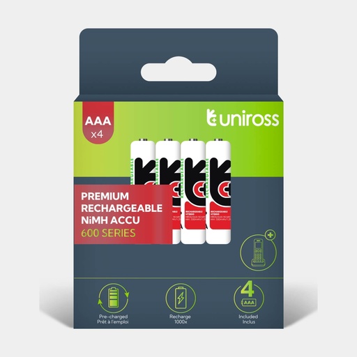 [UH4AAA600] Uniross Ni-MH Rechargeable AAA Battery 600mAh (Pack of 4)