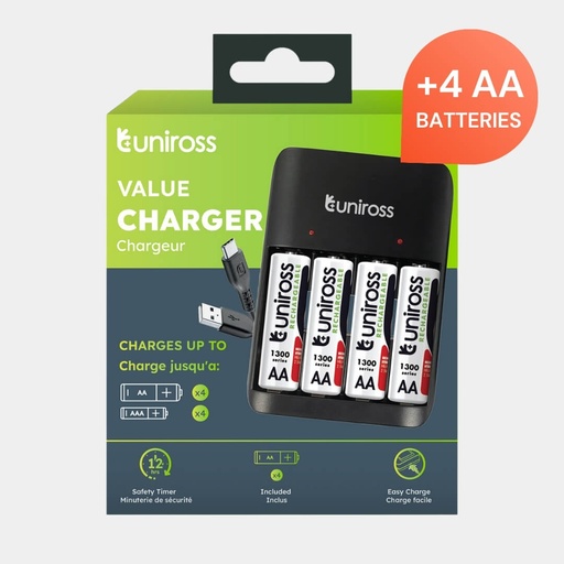 [UCU010A] Uniross Value Battery Charger for AA & AAA Batteries  - Includes 4 Rechargeable AA Batteries