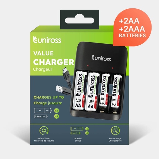 [UCU010C] Uniross Value Battery Charger for AA & AAA Batteries - 2 AA & 2 AAA Batteries Included