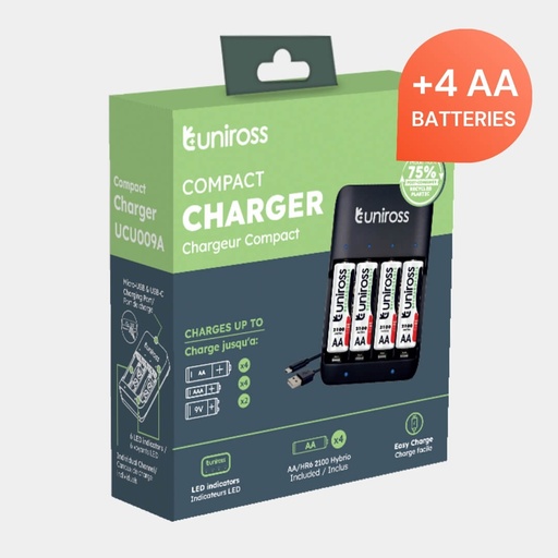 [UCU009A] Uniross Compact Charger for AA, AAA & 9V Batteries -  Includes 4 Rechargeable AA Batteries