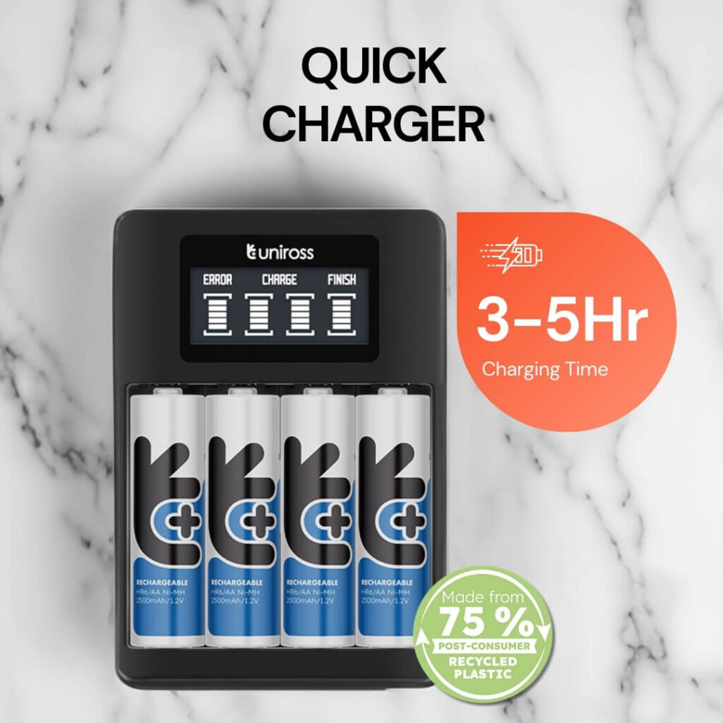 Uniross Quick Charge Battery Charger for AA & AAA - 2 AA Batteries Included