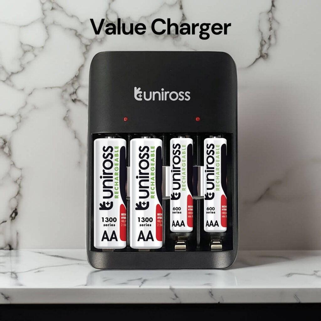 Uniross Value Battery Charger for AA & AAA Batteries - 2 AA & 2 AAA Batteries Included