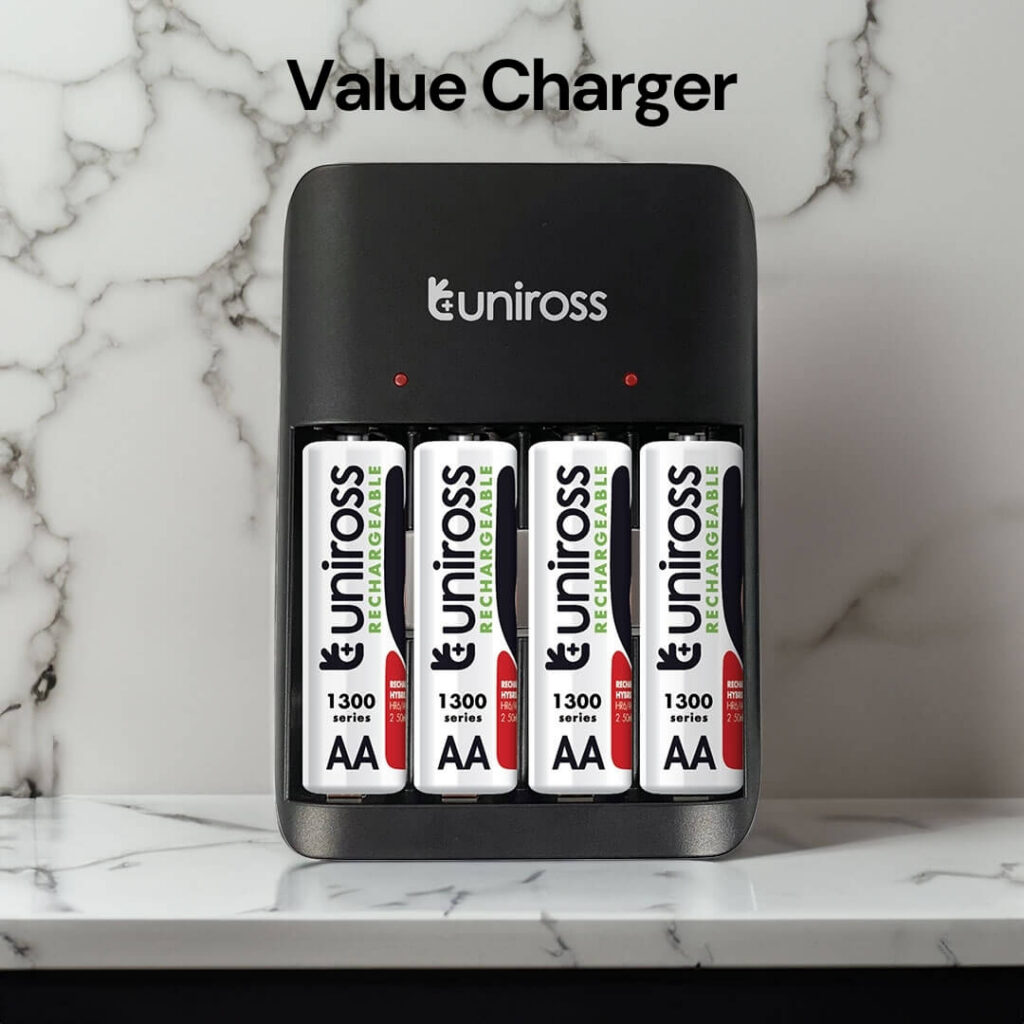 Uniross Value Battery Charger for AA & AAA Batteries - Includes 4 Rechargeable AA Batteries