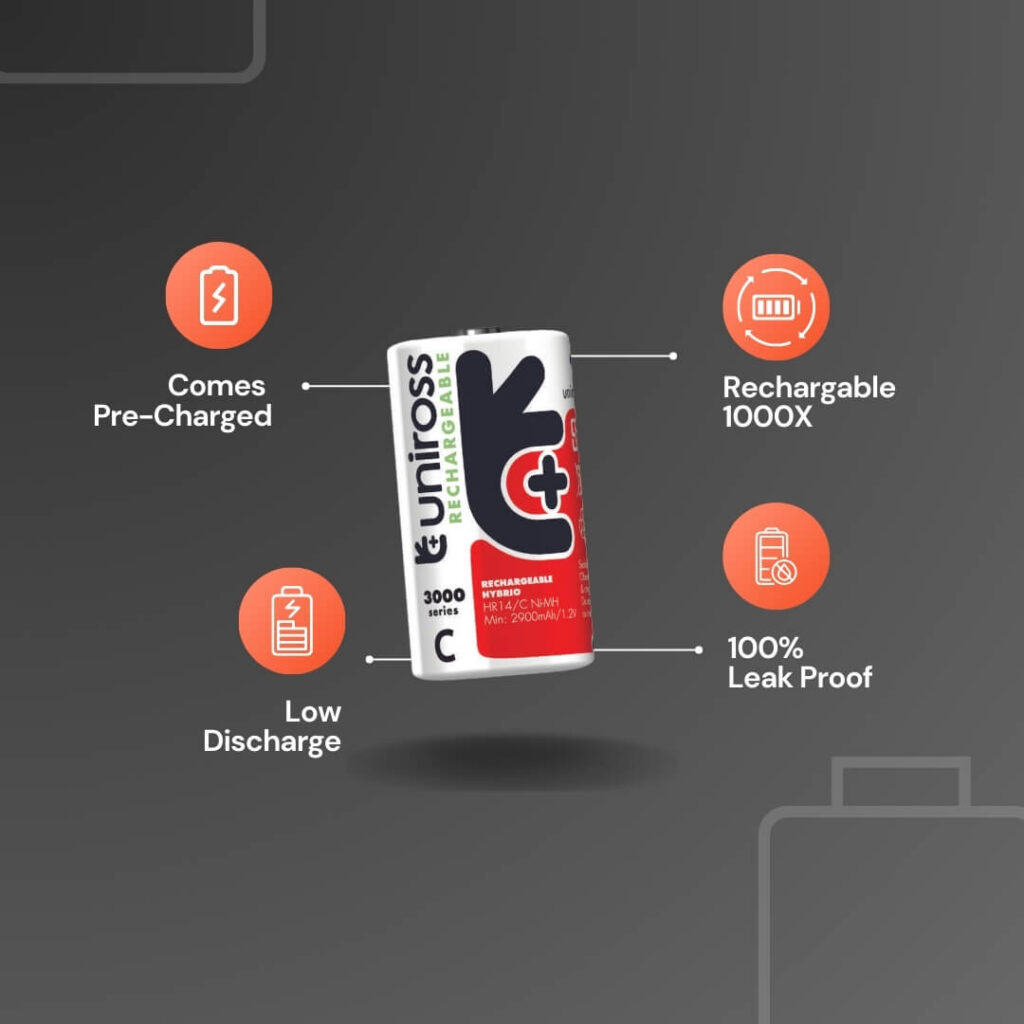 Uniross Ni-MH Rechargeable C Battery 3000mAh (Pack of 2)