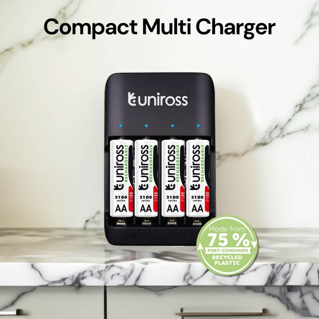 Uniross Compact Charger for AA, AAA & 9V Batteries - Includes 4 Rechargeable AA Batteries