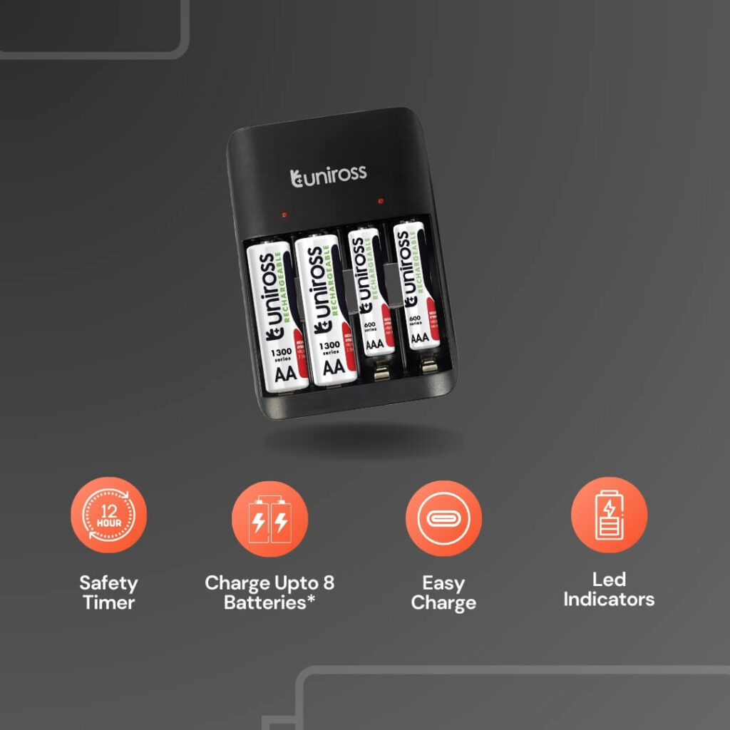 Uniross Compact Battery Charger for AA, AAA & 9V Batteries - Includes 4 Rechargeable AA Batteries