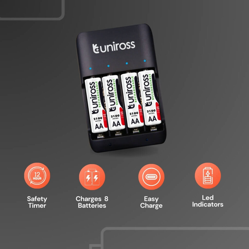 Uniross Compact Charger for AA, AAA & 9V Batteries - Includes 4 Rechargeable AA Batteries
