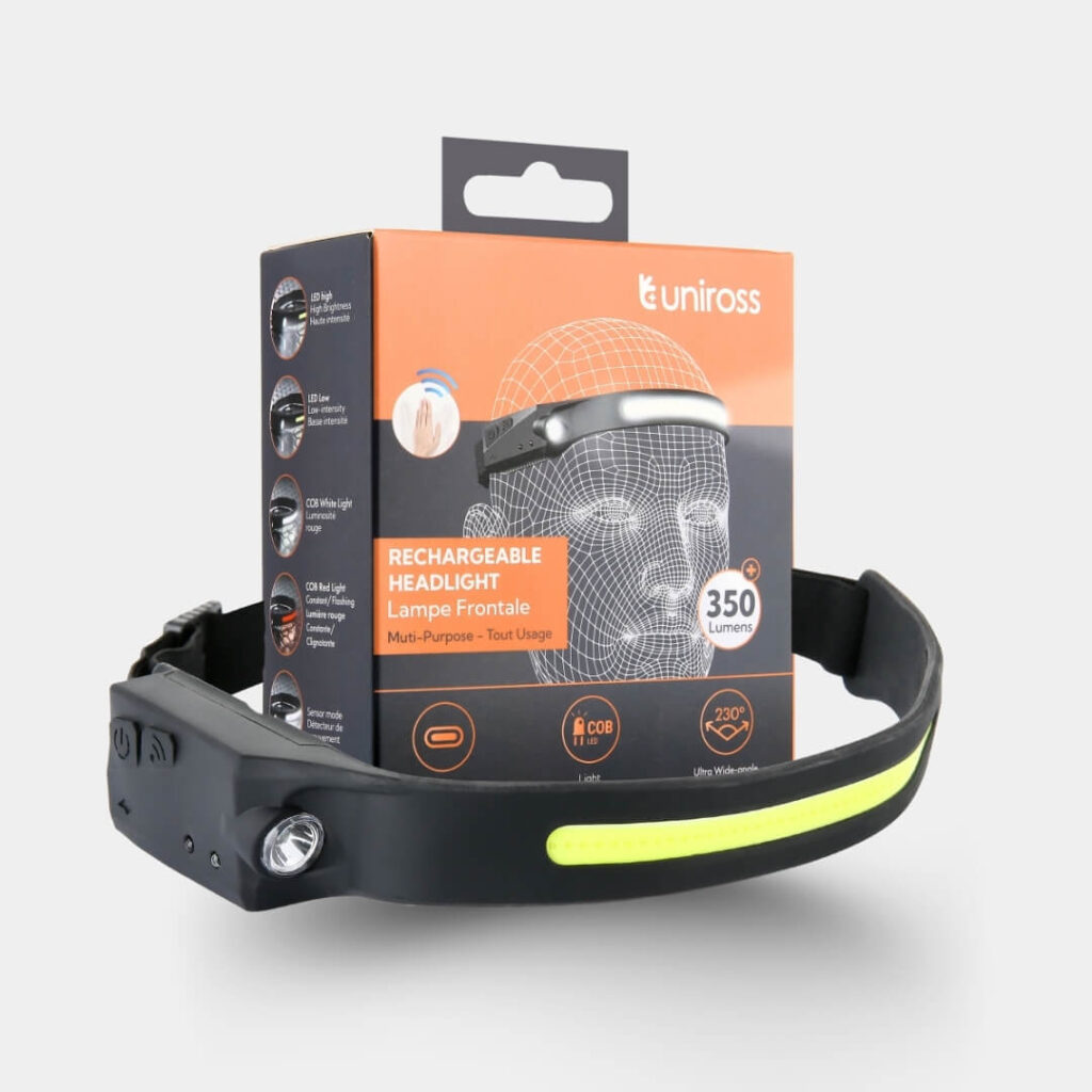 Uniross Rechargeable Headlamp – 350 Lumens, 230° Wide-Angle Beam & Motion Sensor