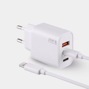Chargeur mural rapide Uniross 20 W à deux ports avec câble USB-C vers Lightning (USB-C PD + USB-A QC)