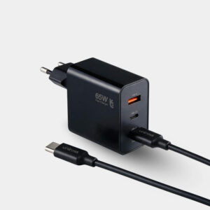 Chargeur mural rapide Uniross 65 W à base de GaN (2 × USB-C PD + USB-A) avec câble USB-C