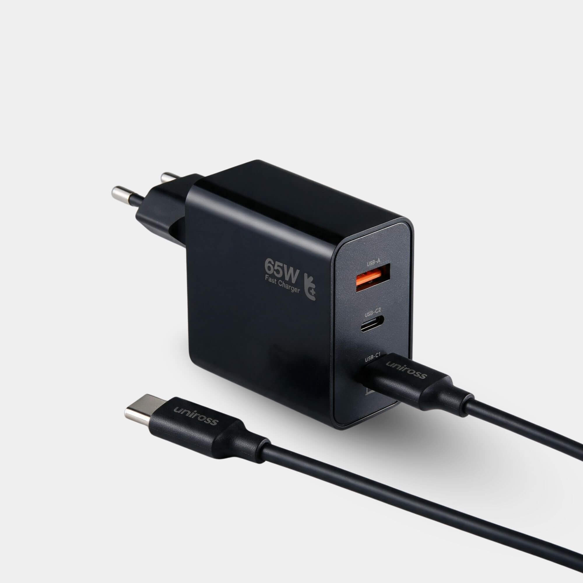 Uniross 65W GaN Fast Wall Charger (2× USB-C PD + USB-A) with USB-C Cable